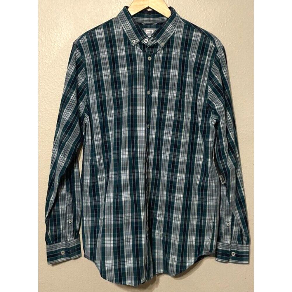 NWT JCP Men Blue Plaid Long Sleeves Collared Button Up Shirt Size M